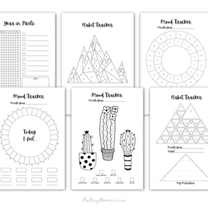 May include: Printable black and white habit and mood trackers. The trackers feature a variety of designs including mountains, cacti, and a circle. The text "Year in Pixels", "Habit Tracker", "Mood Tracker", "Today I feel...", "Month/Year Habit", and "My Motivation" is included on the trackers.