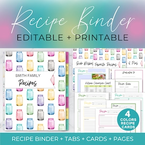 Colorful Fun Editable Recipe Binder + Printable Recipe Cards PDF,  Recipe Organization Book, Rainbow Recipe Sheets