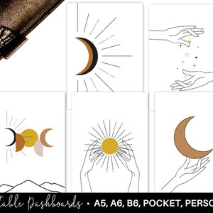 May include: Set of six printable dashboards featuring minimalist line art designs of moons, suns, and hands. The designs are in shades of yellow, brown, and black on a white background. The text "Printable Dashboards" and "A5, A6, B6, Pocket, Personal" is at the bottom of the image.