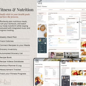 May include: A digital planner interface with the text "Fitness & Nutrition." The interface includes sections for meal planning, calorie tracking, recipe books, workout logs, and progress tracking. The image also shows a logo with the text "Pine Berry Planner Co."