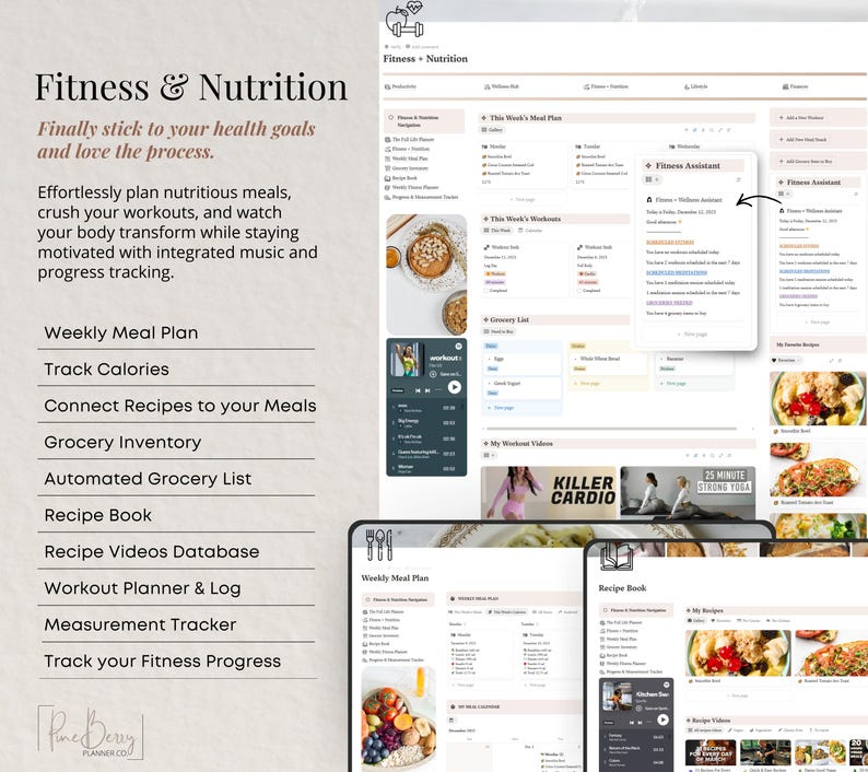 May include: A digital planner interface with the text "Fitness & Nutrition." The interface includes sections for meal planning, calorie tracking, recipe books, workout logs, and progress tracking. The image also shows a logo with the text "Pine Berry Planner Co."
