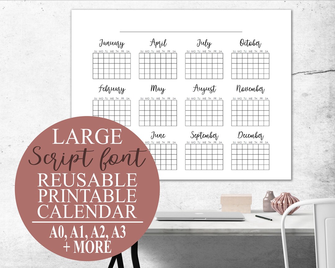 Reusable Printable Wall Calendar, Giant A1 Calligraphy Wall Calendar, Large Wall Planner, A3 A2 ...