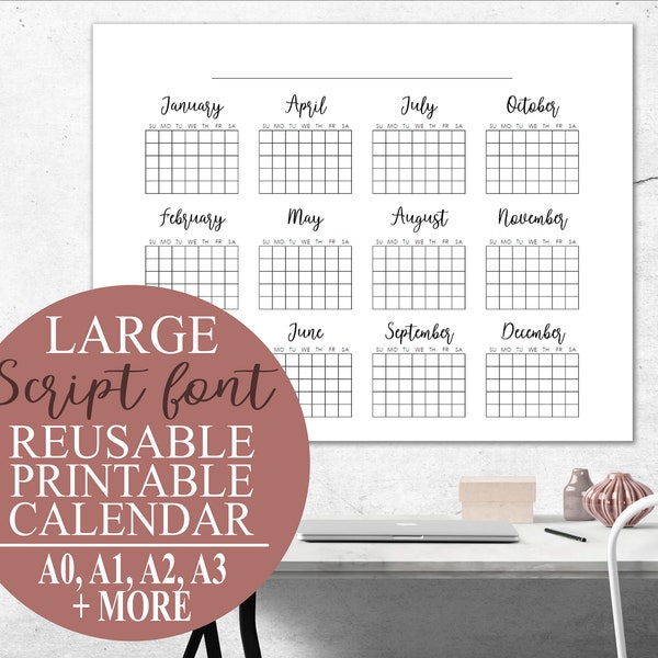 Reusable Printable Wall Calendar, Giant A1 Calligraphy Wall Calendar, Large Wall Planner, A3 A2 A1 A0 Poster, Modern Monthly Calendar