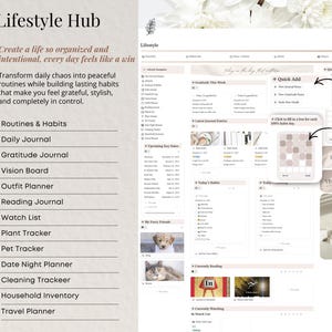 May include: A digital planner interface with the text "Lifestyle Hub" and the tagline "Create a life so organized and intentional, every day feels like a win." Features include daily, gratitude, and reading journals, plus outfit and vision board planning.