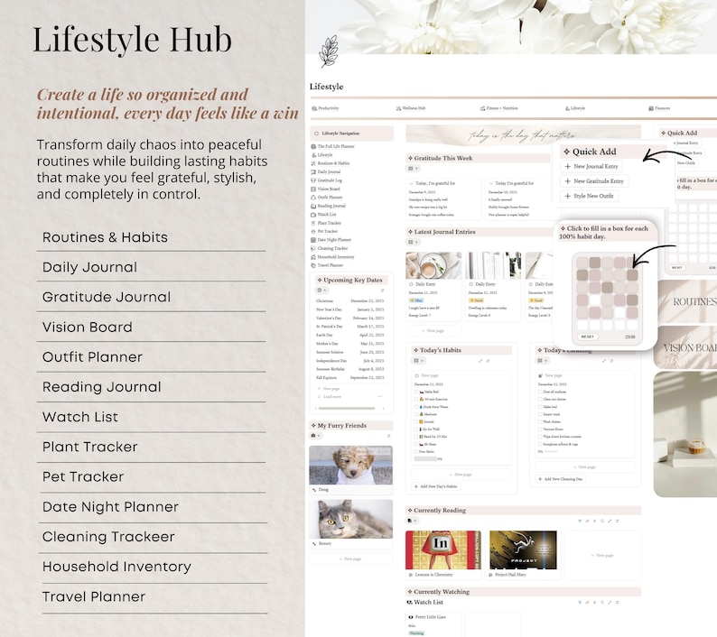 May include: A digital planner interface with the text "Lifestyle Hub" and the tagline "Create a life so organized and intentional, every day feels like a win." Features include daily, gratitude, and reading journals, plus outfit and vision board planning.
