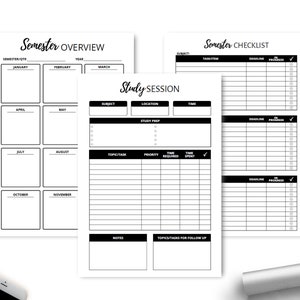 May include: Black and white printable planner pages for semester overview, study session, and checklist. The pages include sections for subject, location, time, topic/task, priority, time required, time spent, deadline, and in progress.