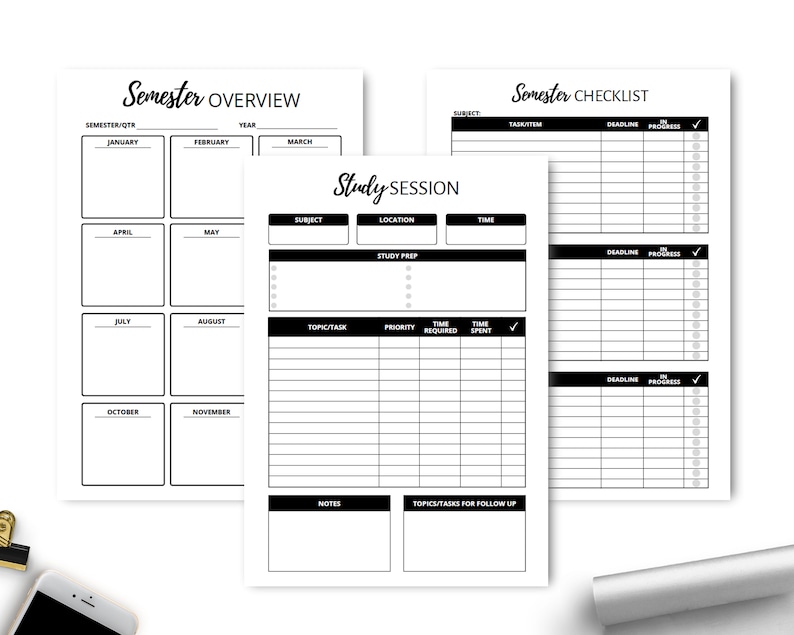 May include: Black and white printable planner pages for semester overview, study session, and checklist. The pages include sections for subject, location, time, topic/task, priority, time required, time spent, deadline, and in progress.