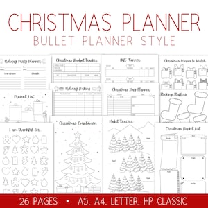 Puede incluir: Un planificador de Navidad imprimible en blanco y negro con 26 páginas. El planificador incluye páginas para un planificador de fiestas navideñas, un rastreador de presupuesto navideño, un planificador de regalos, películas navideñas para ver, hornear para las fiestas, un planificador del día de Navidad, una lista de regalos, rellenos de calcetines, cuenta regresiva navideña, rastreador de hábitos, estoy agradecido por y una lista de deseos navideños.