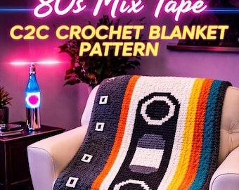 Retro Cassette Tape Crochet Blanket Pattern, C2C Corner to Corner Graphghan, Vintage 80s Afghan PDF Download