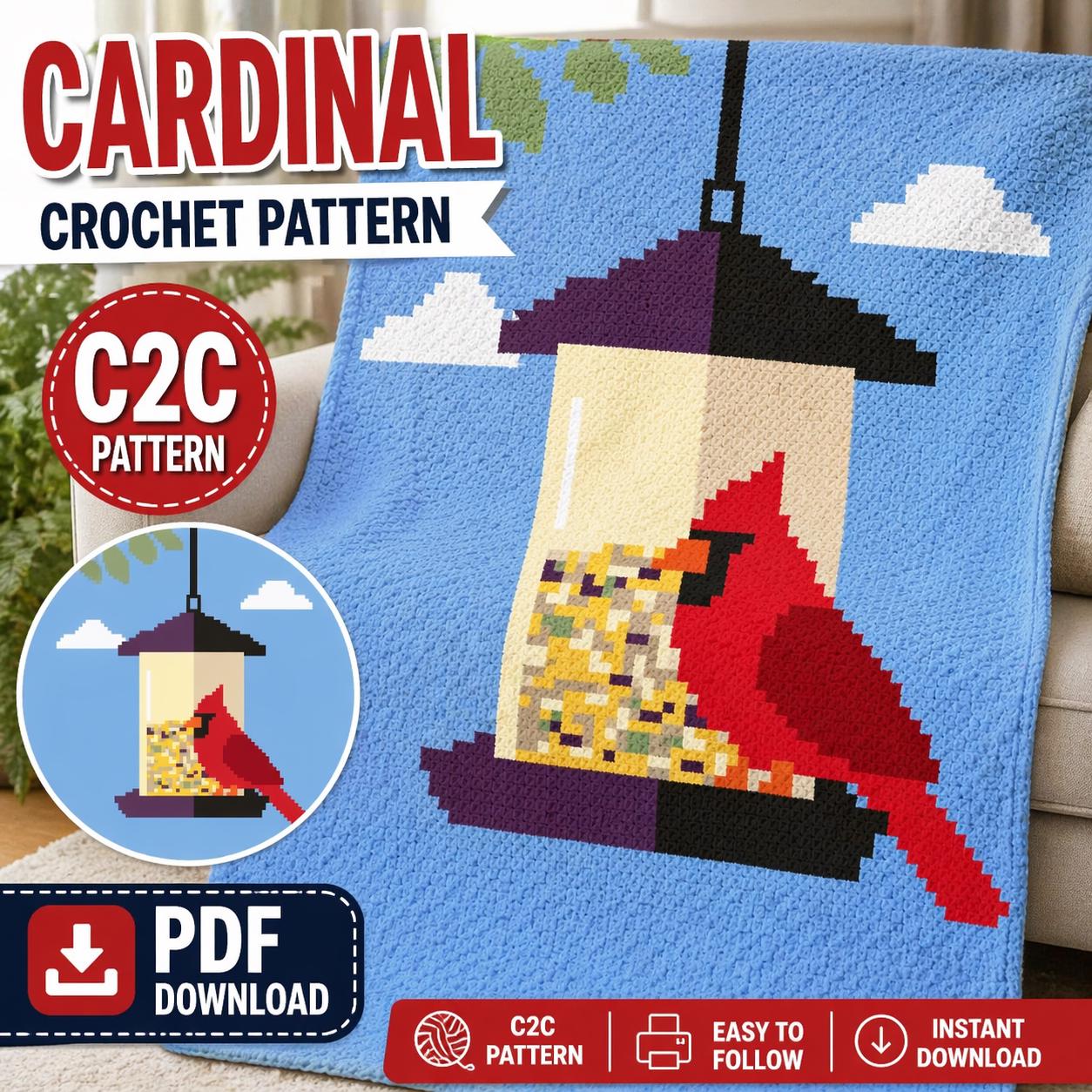 Free Printable Cardinal Graphgan Patterns.pdf Cardinal C2C Crochet Blanket Pattern, Bird Graphgan Afghan (PDF ...