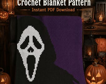 May include: A crochet blanket featuring a white ghost mask graphic on a black background, with a purple section on the right side. The text reads: Halloween Monsters: Masked Ghost Crochet Blanket Pattern. Instant PDF Download. Trick or Treat.
