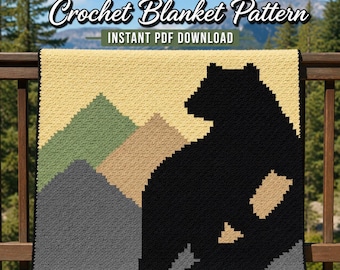 May include: A crochet blanket featuring a pixelated design of a large black bear silhouette against a background of beige, green, and gray mountains. The text at the top reads BEAR IN THE MOUNTAIN Crochet Blanket Pattern and INSTANT PDF DOWNLOAD.