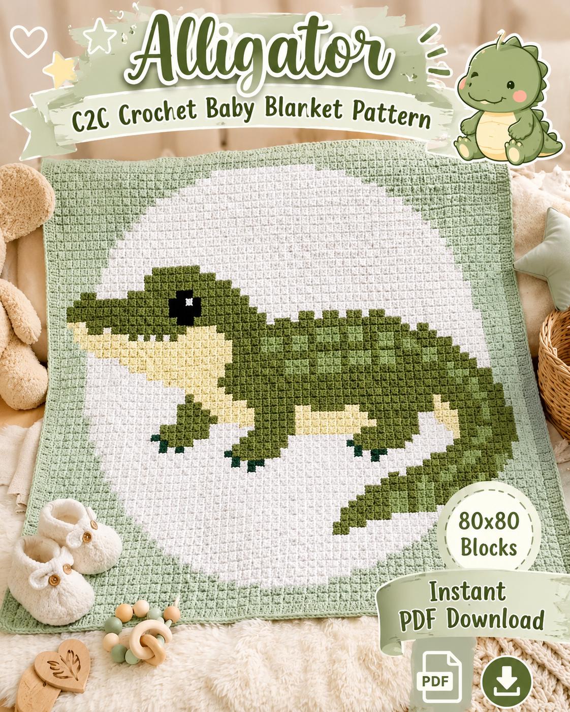 40 Alligator Crochet Patterns for Handmade Gifts, Nursery Decor, and Playful Amigurumi 38 Alligator C2C Crochet Baby Blanket