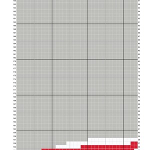 May include: A pixelated graphic of a red and white object on a gray grid background. The object's shape is abstract, with a rounded base and a series of horizontal lines. The grid has numbered axes.