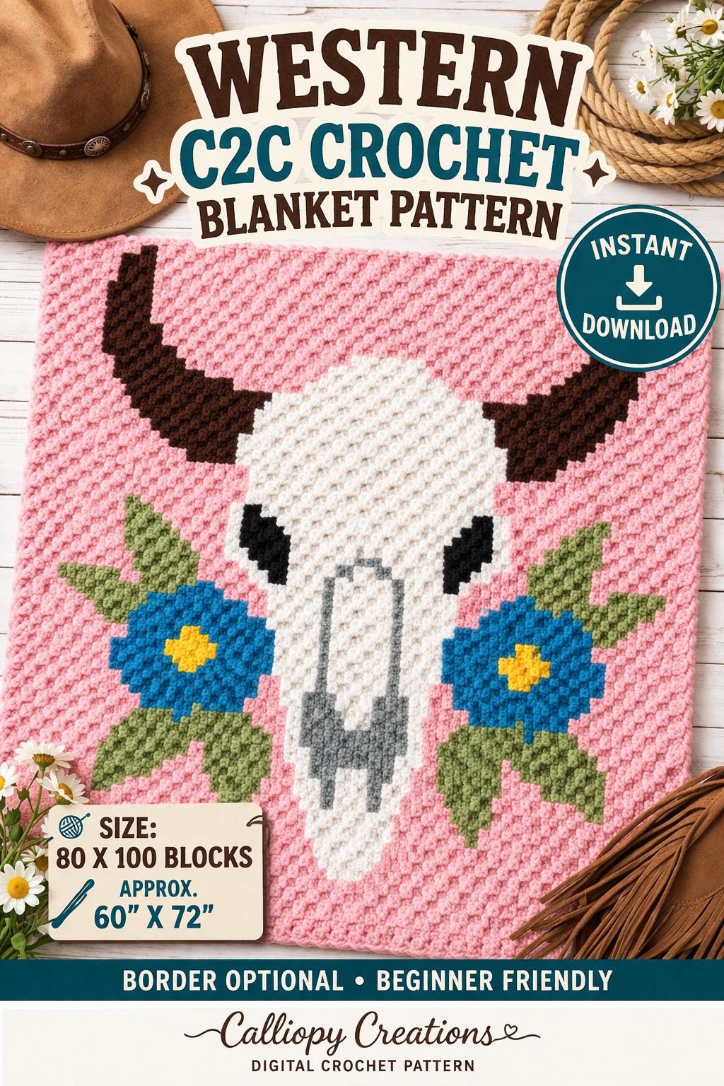 Western Cow Skull Floral C2C Crochet Blanket Pattern