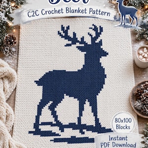 May include: A C2C crochet blanket pattern with a navy blue deer design on a cream-coloured background. The word "Deer" is displayed above the deer image. The pattern includes 80x100 blocks and is available as an instant PDF download.