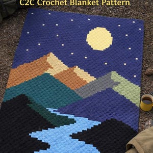 Mountain Night C2C Crochet Pattern, Landscape Graphghan Blanket, Modern Afghan PDF, Moon River Scene, 80x100 Blocks, Digital Download