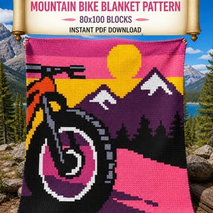 Könnte beinhalten: Eine gehäkelte Decke mit Pixelmuster, die ein Mountainbike-Design zeigt. Die Decke zeigt eine Berglandschaft mit Sonnenuntergang, Bergen und Bäumen. Der Text "C2C CROCHET MOUNTAIN BIKE BLANKET PATTERN" steht oben. Die Decke misst 80x100 Blöcke.