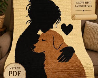 May include: A cream-colored crochet throw blanket featuring a black silhouette of a person hugging a brown dog, with a black heart. The blanket has the text "HUGS & PAWS" and "A LOVE THAT LASTS FOREVER". The blanket is a throw size and beginner friendly.