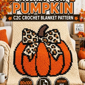 May include: A crocheted blanket with a pumpkin design and a cheetah print bow. The blanket is orange with a black outline, and the text "Cheetah Bow Pumpkin" is at the top. The pattern is for 80x100 blocks and is available as an instant PDF download.