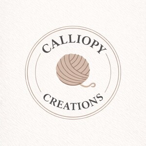 May include: A circular logo with the text "Calliopy Creations" in a serif font. The logo features a light brown yarn ball in the center, with a strand of yarn extending from it. The logo is set against a white background.