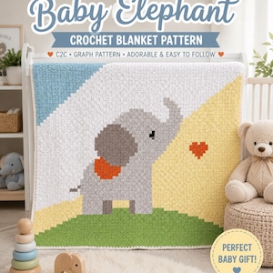 May include: A crochet blanket pattern featuring a gray elephant with a red heart on its side, set against a background of blue, white, yellow, and green blocks. The text reads Baby Elephant CROCHET BLANKET PATTERN C2C GRAPH PATTERN ADORABLE & EASY TO FOLLOW.