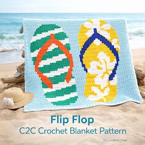 May include: A light blue crochet blanket featuring two large flip-flop designs. One flip-flop is green and white striped with an orange strap, and the other is yellow with a white floral design and a blue strap. The text "Flip Flop C2C Crochet Blanket Pattern" is displayed.