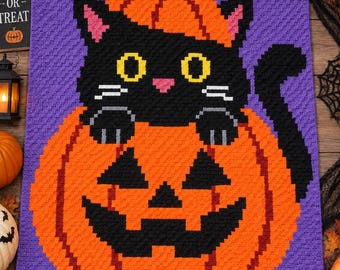Halloween Kat Pompoen C2C Haakpatroon voor Deken (Digitale Download)