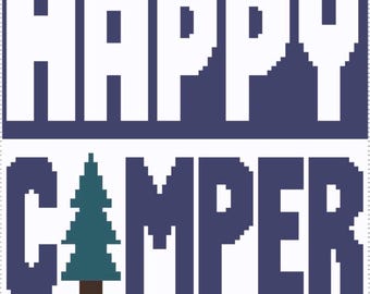 May include: A graphic design featuring the text HAPPY in white pixelated letters on a dark blue background, followed by the text CAMPER in dark blue pixelated letters on a white background, with a pixelated evergreen tree replacing the letter A.