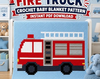 May include: A crochet baby blanket pattern featuring a red fire truck with a white ladder on a light blue background. The text reads FIRE TRUCK CROCHET BABY BLANKET PATTERN INSTANT PDF DOWNLOAD. The design uses a pixelated style for the fire truck.