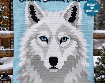 May include: A crochet blanket pattern featuring a graphic of an arctic wolf with white, gray, and black fur against a light blue background. The text reads ARCTIC WOLF Crochet Blanket Pattern and INSTANT PDF DOWNLOAD. This is a digital image.