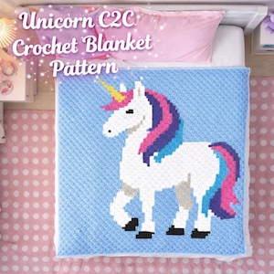 May include: A light blue crochet blanket featuring a white unicorn with a yellow horn, pink and purple mane and tail. The blanket has the text "Unicorn C2C Crochet Blanket Pattern" in the upper left corner.