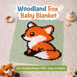 Patrón de ganchillo C2C para manta de bebé con diseño de zorro en PDF – Manta infantil con temática de bosque – Gráfico + recuento de filas – Ganchillo fácil de esquina a esquina – Descarga instantánea