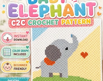 Patrón de crochet de manta de elefante para bebé (C2C), gráfico para guardería (descarga digital)
