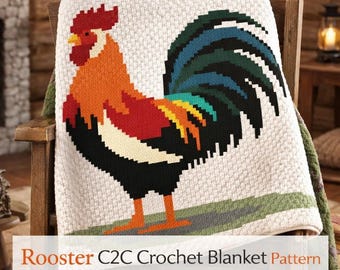 May include: A cream-colored crochet blanket featuring a colorful rooster design. The rooster has a red comb, orange body, and a blue, green, and black tail. The blanket is draped over a wooden chair. Text on the blanket reads "Rooster C2C Crochet Blanket Pattern."