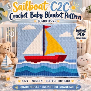 May include: A blue, white, and red crochet baby blanket with a sailboat design. The blanket features a yellow sail, a red hull, and blue waves. The text "Sailboat C2C Crochet Baby Blanket Pattern" is displayed at the top. The blanket measures 80x80 blocks.