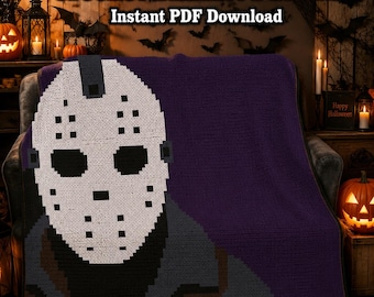 May include: A crochet blanket pattern featuring a white hockey mask with black eye and mouth holes, set against a dark purple background. The text reads: Halloween Monsters: Masked Nightmare Crochet Blanket Pattern. Instant PDF Download.