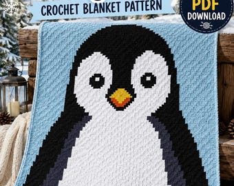 May include: A crochet blanket pattern featuring a pixelated penguin design with black, white, and yellow colors on a light blue background. The text reads Penguin, Crochet Blanket Pattern, and Instant PDF Download. This is a digital image.