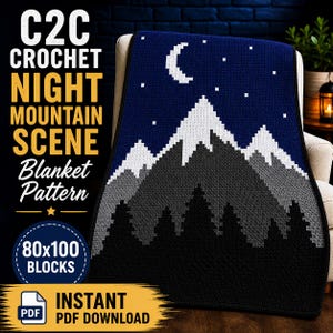 Può includere: Una coperta all'uncinetto con un motivo a scena di montagna notturna. Presenta un cielo blu scuro con una luna crescente e stelle, montagne bianche e grigie e alberi neri. La coperta è composta da 80x100 blocchi.