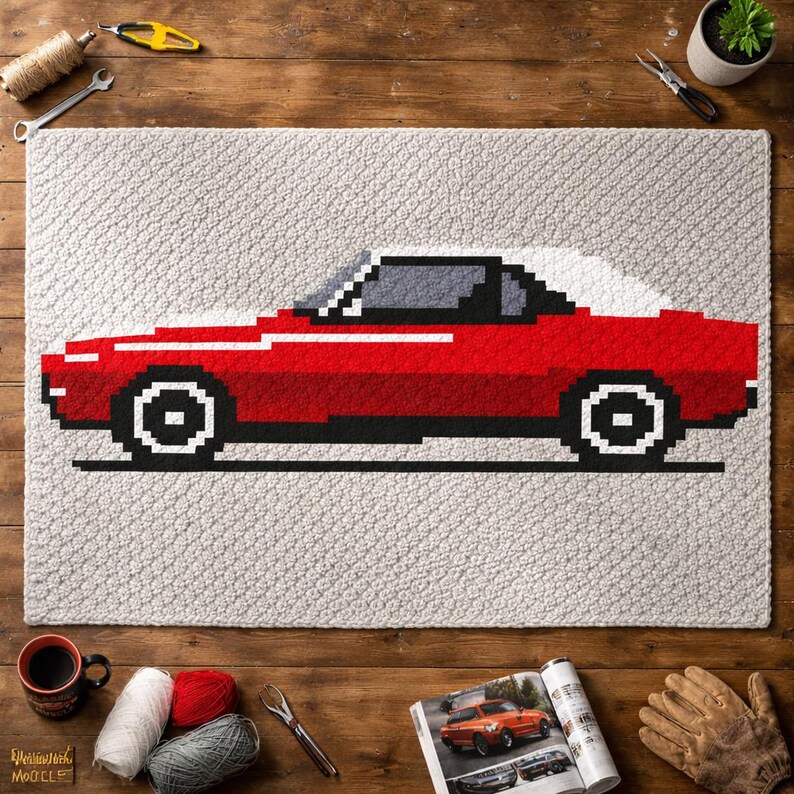 May include: A red pixelated car design on a light gray rug. The car has a white roof and black wheels. The rug is surrounded by craft supplies, including yarn, a coffee mug, and a magazine with a car image.