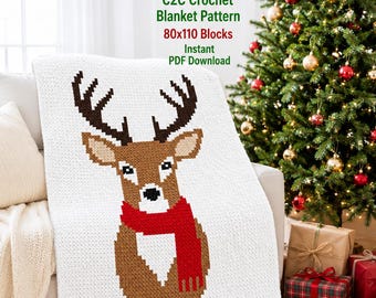 May include: A white crochet blanket featuring a deer design with a red scarf. The blanket is 80x110 blocks. The text "Christmas Deer" is at the top, with "C2C Crochet Blanket Pattern" and "Instant PDF Download" below.