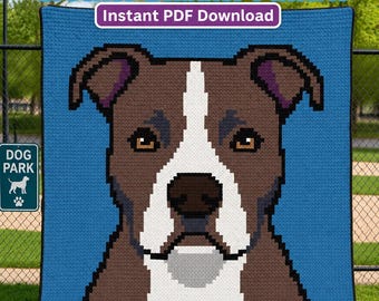 May include: A crochet blanket pattern featuring a pixelated portrait of a brown and white pit bull dog against a solid blue background. The text reads Pit Bull Dog Crochet Blanket Pattern and Instant PDF Download. This is a digital image.