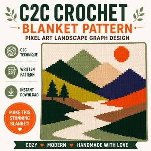Patrón de manta de ganchillo de montaña en PDF / Manta afgana de paisaje C2C / Manta de ganchillo inspirada en la naturaleza / Decoración moderna para cabaña (descargable)
