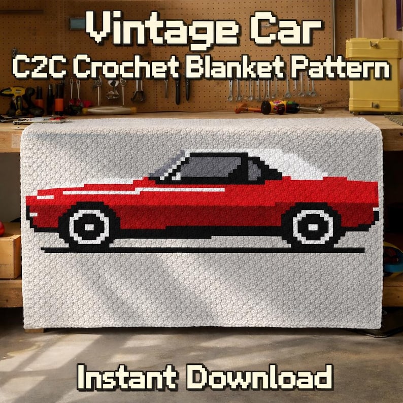 May include: A C2C crochet blanket pattern featuring a vintage red car design. The blanket has a gray background with the car in a pixelated style. The text "Vintage Car C2C Crochet Blanket Pattern" and "Instant Download" are displayed.