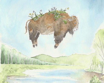 SPRING BISON - Watercolor Art Print 8x10 | Nature Art | Buffalo | Wildlife Art | Arkansas