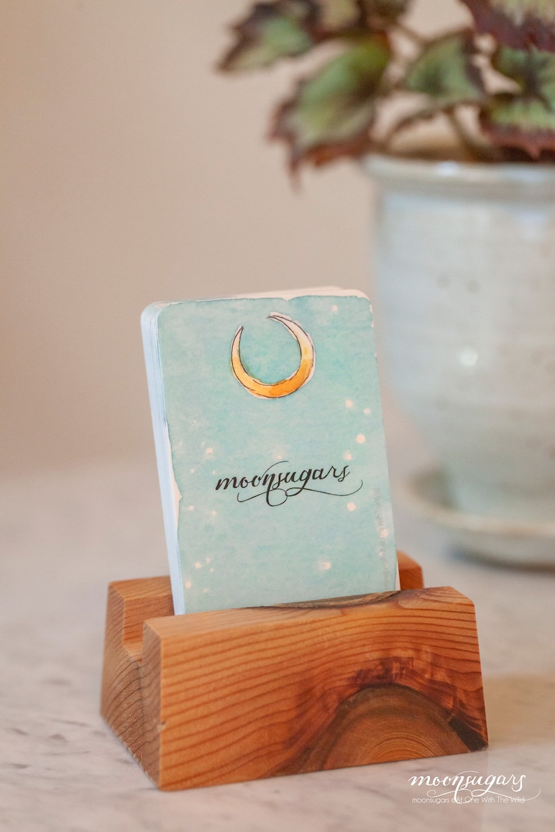 May include: A light blue card with a crescent moon and the text "moonsugars" in black cursive. The card is sitting in a wooden stand.
