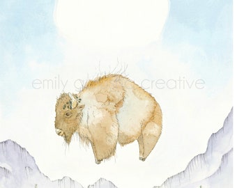 FLOATING ABOVE the SAGEBRUSH Bison Art - Limited Edition Reproduction Print of Original Watercolor Animal Art | Buffalo Art | Nursery Art