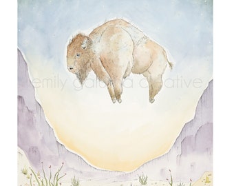 FLOATING ABOVE the OCOTILLO Bison Art | Limited Edition Reproduction Print of Original Watercolor Animal Art | Buffalo Art | Nursery Gift