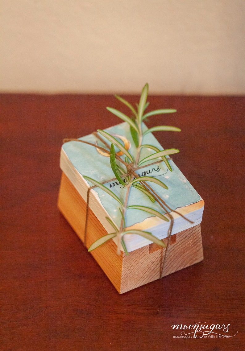 May include: A stack of blue and white paper cards with the text "moonsugars" tied with twine and a sprig of rosemary.