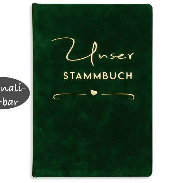 Stammbuch zur Hochzeit, Samt in Grün,  Herz, Format: Klassisch Ringmechanik, Serie Berdea, personalisierbar